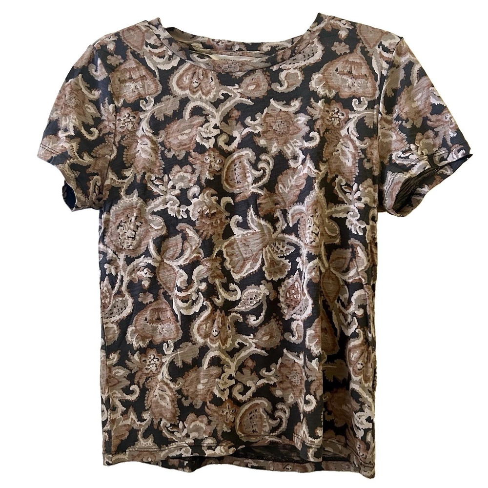 Lucky Brand Paisley Floral Tee Brown Tan Black Soft Top T-Shirt Sz Small